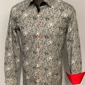 Steven land shirt gray floral trim fit red Kufo